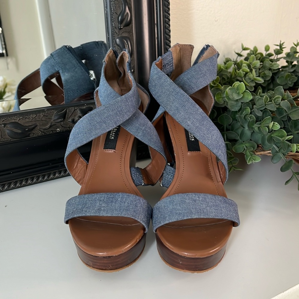 White House black market denim, wedge heel size 7